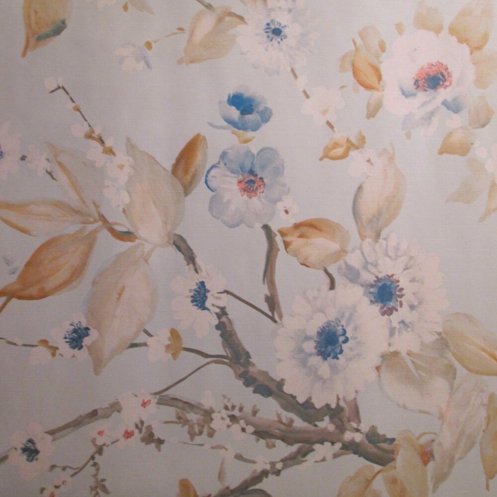 Vintage 90s White and Blue Floral Motif Wallpaper